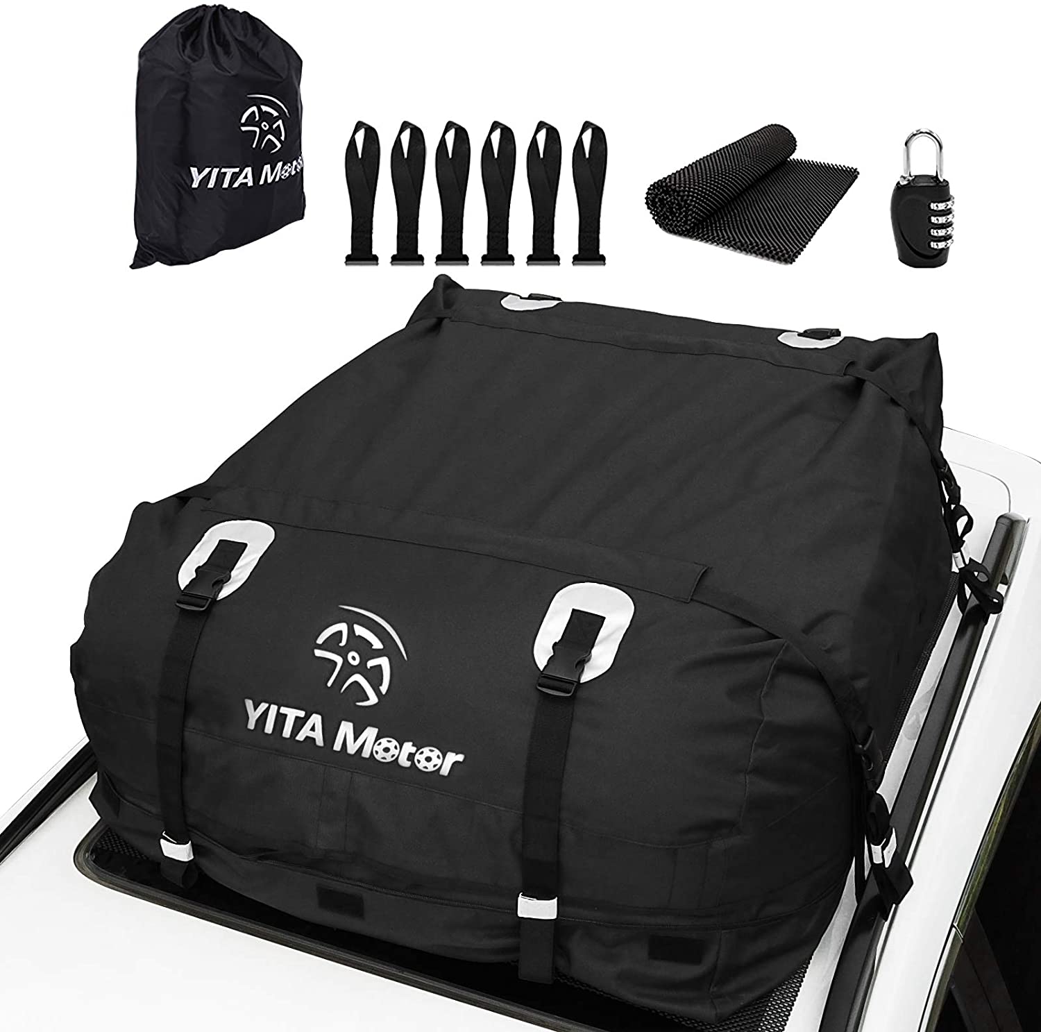 YITAMOTOR Cargo Top Carrier Roof Bag, 19 Cubic ft Car 600D PVC Rooftop Travel Storage Luggage Bag Box Soft-Shell for Cars with or Without Racks （Door Hooks/Anti-Slip Mat/Lock inclued ）