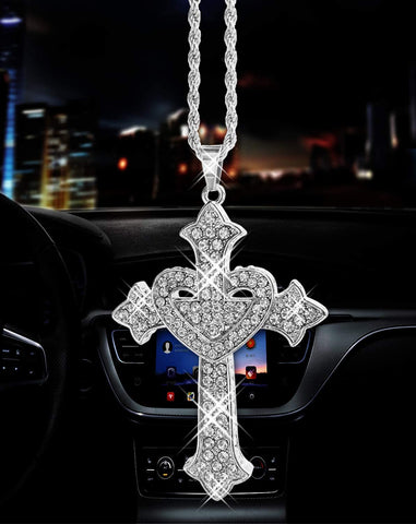 Bling Car Rearview Mirrors Pendant Alloy White Cross， Car Interior Accessories for Women，Jesus Crystal Ornament Double-sided Diamond Car Accessories (White heart shape)