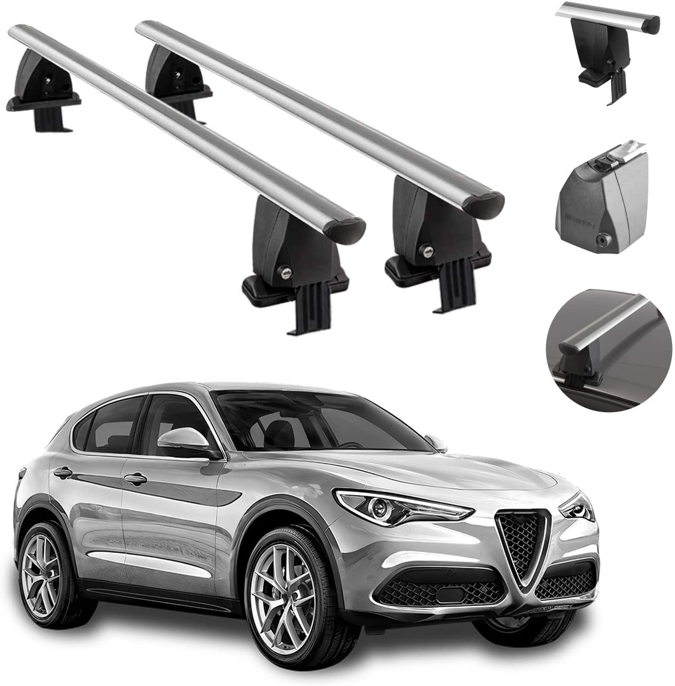 Roof Rack Cross Bars Lockable Luggage Carrier Compatible with Smooth Roof Cars | Silver Aluminum Cargo Carrier Rooftop Luggage Bars | Automotive Exterior Accessories Fits Alfa Romeo Stelvio 2017-2021