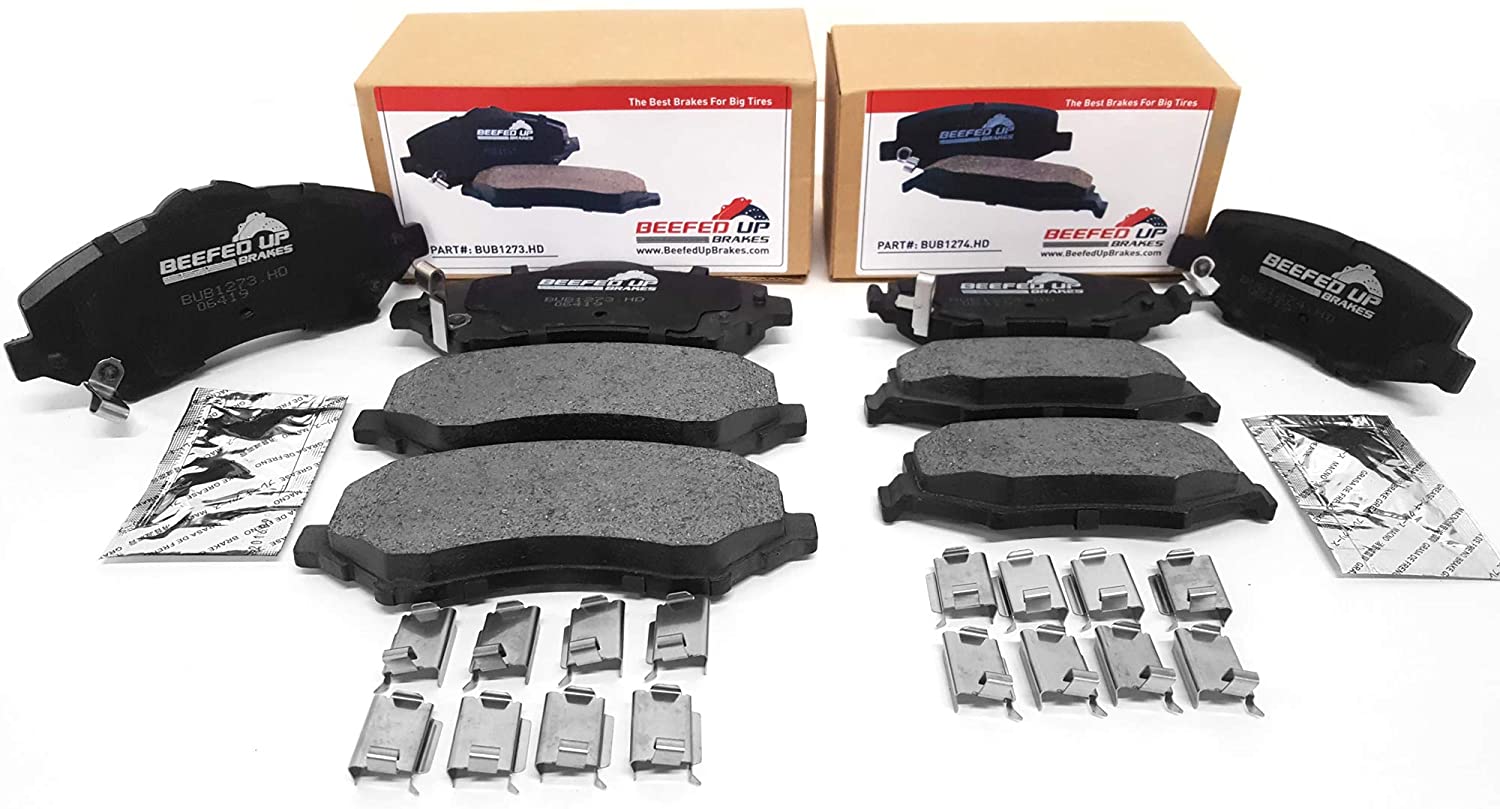 Beefed Up Brakes Heavy Duty Front & Rear Ceramic Brake Pad Kit w/hardware and grease Compatible with 2007-2018 Jeep Wrangler JK/JKU