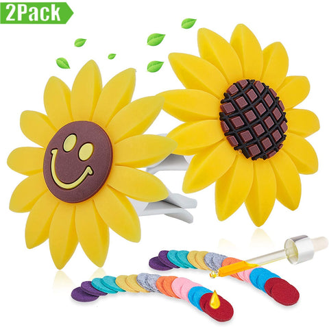 2 Pieces Sunflower Car Accessories Air Vent Clips with 32 Replacement Felt Pads, Yellow Sunflower and Cute Smile Face Car Air Freshener Air Vent Decorations