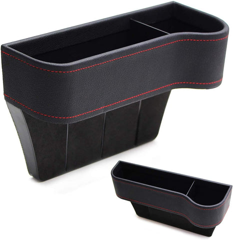 iJDMTOY (1) Black Leather Console Side Pocket Organizer, Car Seat Catcher w/Cup Holder Compatible With Drinks, Key, Wallet, Phone, Sunglasses, etc