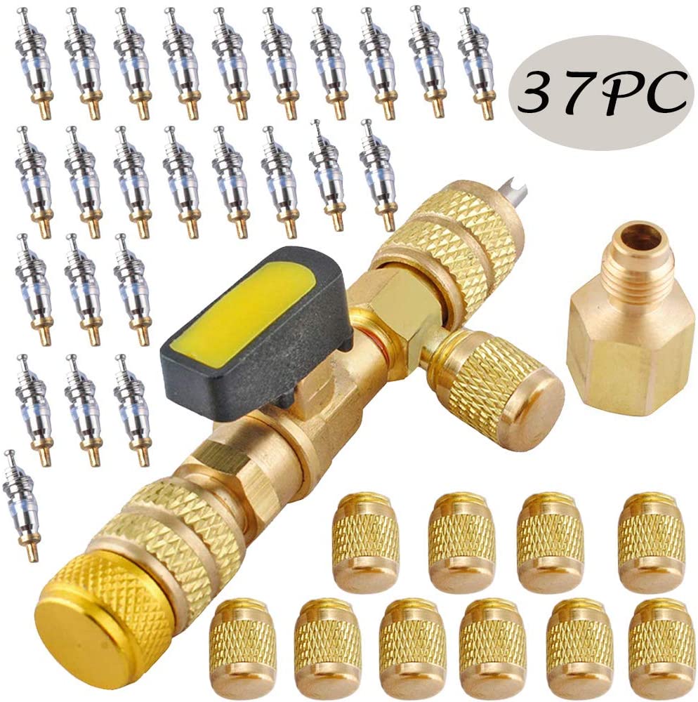 Podoy R410A Valve Core Remover with Dual Size SAE 1/4 & 5/16 Port,20 Pieces Valve Cores and 10 Pieces Brass Nut,HVAC Valve Core Removal Installer Tool A/C Valve Core R22 R134 R32R