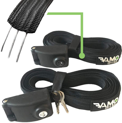 Vamo Premium Locking Tie Downs with 3 Stainless Steel Cables 'No Scratch' Silicone Buckle Surf or SUP Tie Down Straps for Surfboards, Paddle Boards, Kayaks and Canoes (Two Pack) (10')