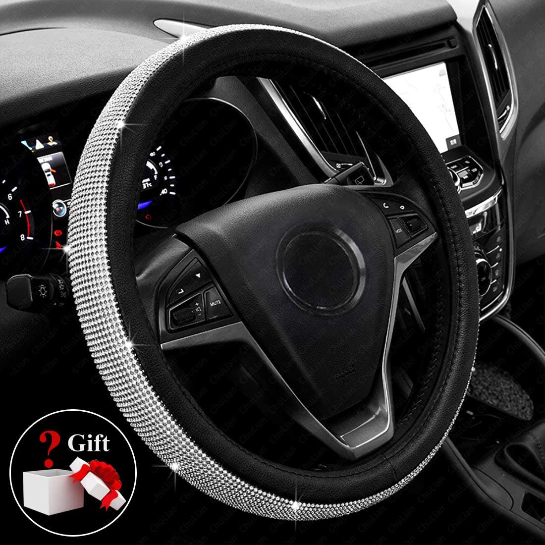 New Diamond Leather Steering Wheel Cover with Bling Bling Crystal Rhinestones, Universal Fit 15 Inch Car Wheel Protector for Women Girls,Black