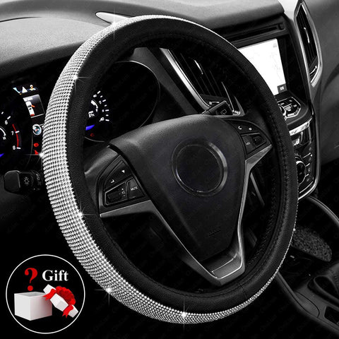 New Diamond Leather Steering Wheel Cover with Bling Bling Crystal Rhinestones, Universal Fit 15 Inch Anti-Slip Wheel Protector for Women Girls,Black