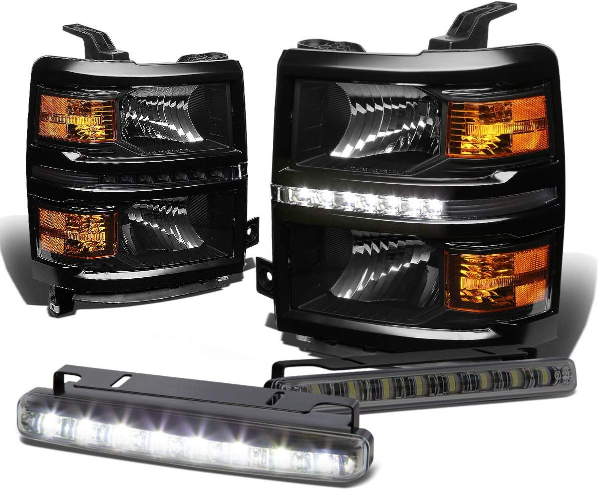 For Chevy Silverado GMT K2XX Black Housing Amber Corner LED Headlight+Smoked DRL 8 LED Fog Light