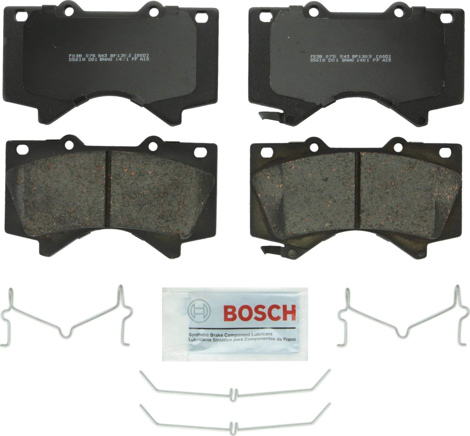Bosch BP1303 QuietCast Premium Semi-Metallic Disc Brake Pad Set For Lexus: 2008-2017 LX570; Toyota: 2008-2017 Land Cruiser, 2008-2017 Sequoia, 2007-2017 Tundra; Front