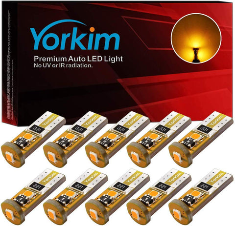 Yorkim 194 Led Bulb Amber Canbus Error Free 3-SMD 2835 Chipsets, T10 Amber Interior Led For Car Dome Map Door Courtesy License Plate Trunk lights with 194 168 W5W 2825 Sockets Pack of 10, Amber Yellow