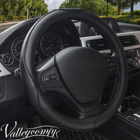 Valleycomfy 14.25 inch Auto Car Steering Wheel Covers Black with Black Lines- Genuine Leather for Prius Civic