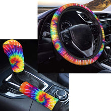 FKELYI Rainbow Tie-Dye Car Interior Decor Accessories Set,Auto Universal Steering Wheel Cover Set with Hand Brake Cover and Gear Shift Knob Cover 3Packs