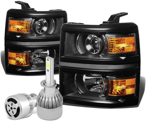 For Chevy Silverado GMT K2XX Black Housing Projector Headlight W/Amber Signal + H1 LED Conversion Kit W/Fan