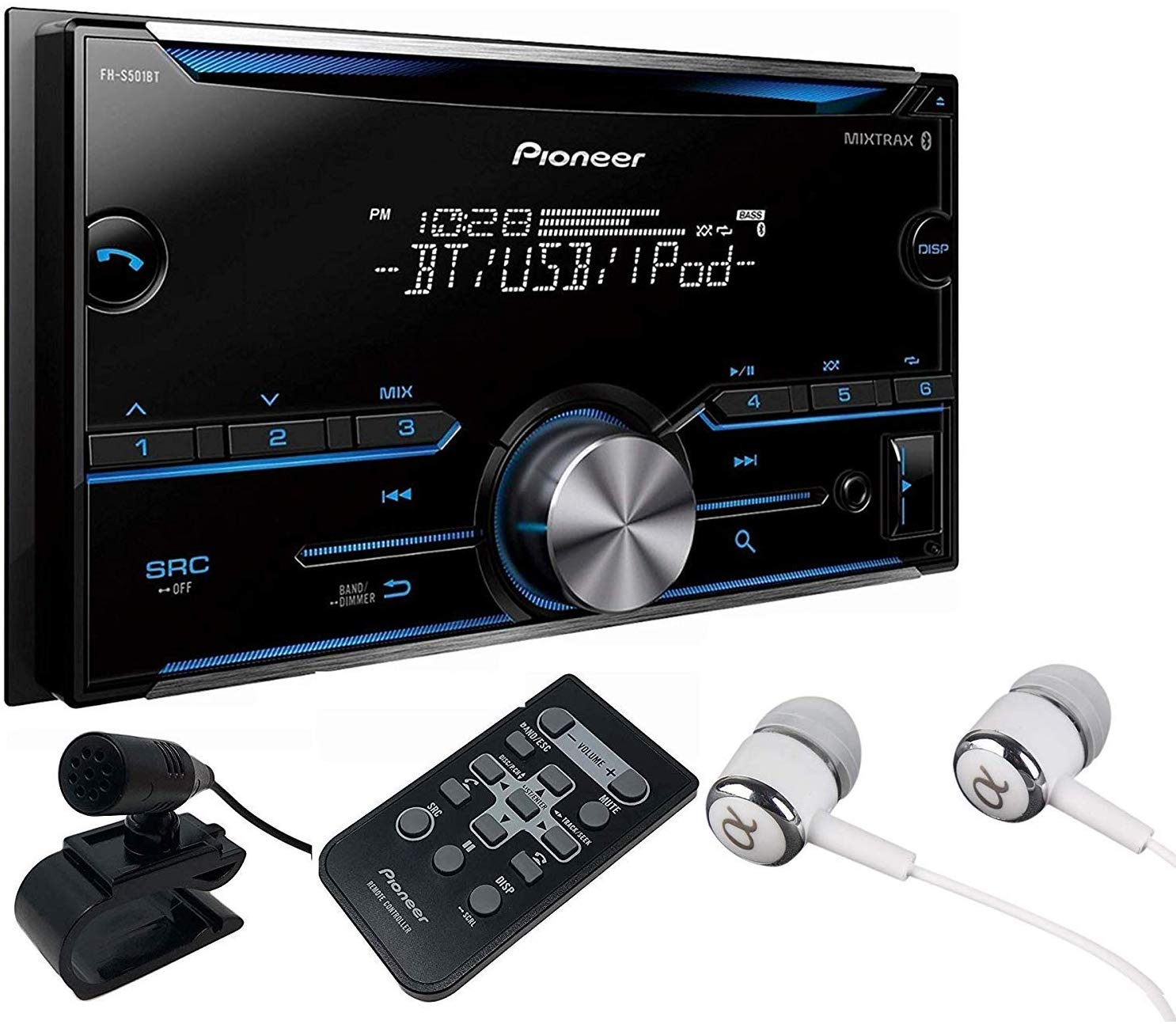 Pioneer Double DIN CD USB Aux Car Stereo Receiver Built-in Bluetooth, MIXTRAX, Android Music Support & iPhone Compatibility, Pandora & Spotify, Pioneer ARC App Compatibility with ALPHASONIK Earbuds