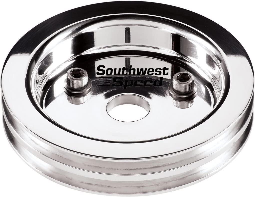 NEW SOUTHWEST SPEED POLISHED BILLET ALUMINUM CRANKSHAFT PULLEY WITH 2 V-BELT GROOVES THAT FITS SMALL BLOCK CHEVY ENGINES WITH SHORT WATER PUMPS, SBC CRANK, CNC MACHINED MIRROR FINISH, 6.60
