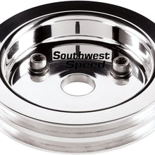 NEW SOUTHWEST SPEED POLISHED BILLET ALUMINUM CRANKSHAFT PULLEY WITH 2 V-BELT GROOVES THAT FITS SMALL BLOCK CHEVY ENGINES WITH SHORT WATER PUMPS, SBC CRANK, CNC MACHINED MIRROR FINISH, 6.60" O.D.