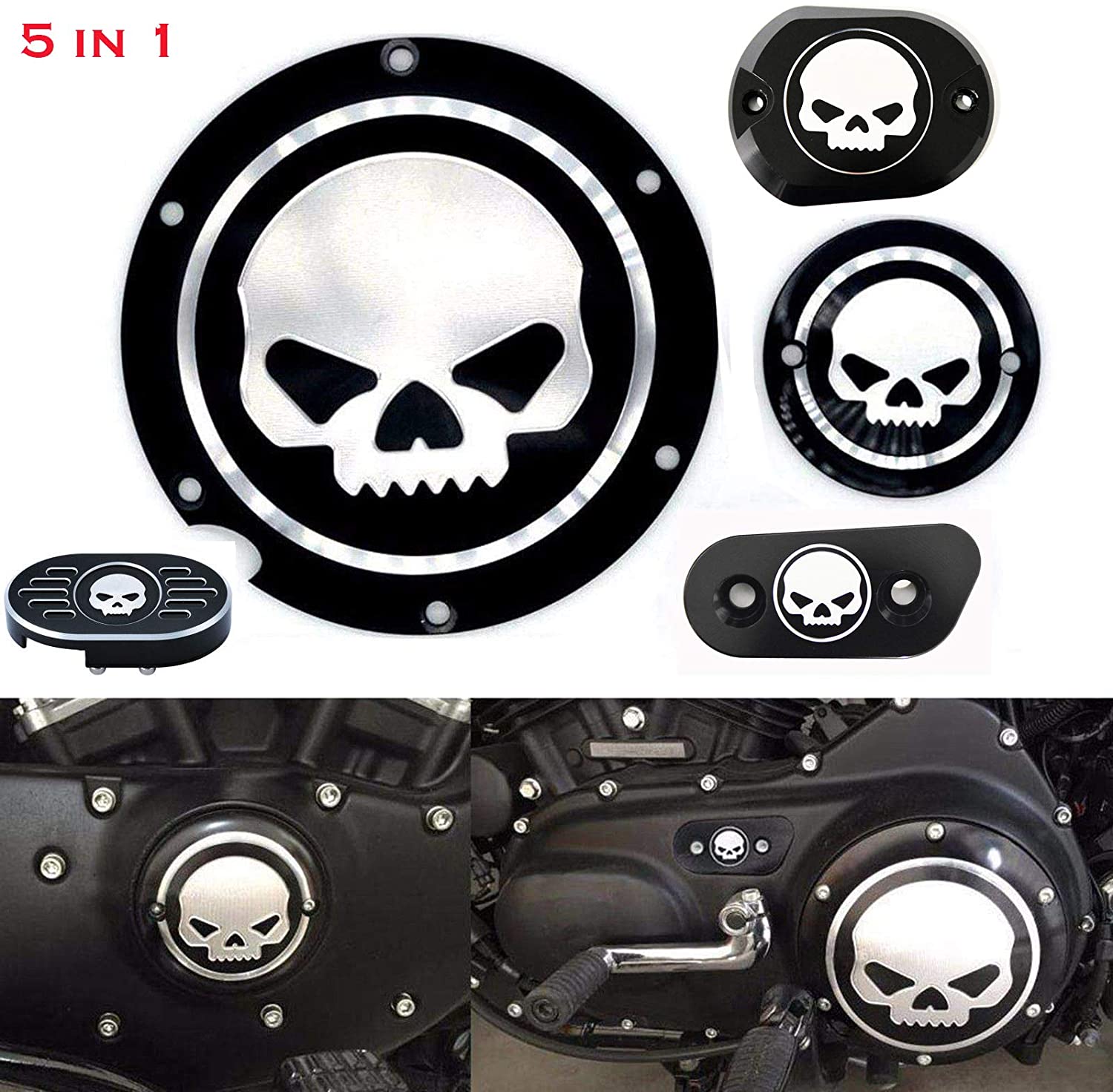 5 in 1 Skull Engine Derby Timer Cover Compatible with/Replacement for Harley Sportster Iron XL883 1200 48 72 Brake Cylinder Brake Pedal Pad Chain Inspection Cover