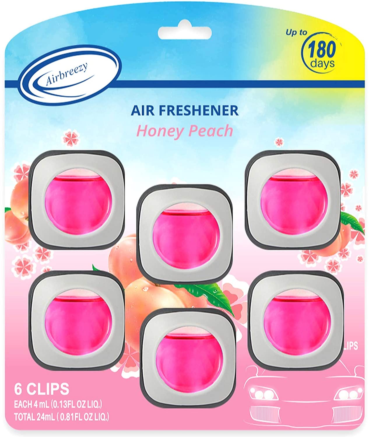 Airbreezy Car Air Freshener(Honey Peach Scents), 6 Car Freshener Vent Clips, 4ml Each, Long-Lasting Car Fragrance, Up to 180 Days