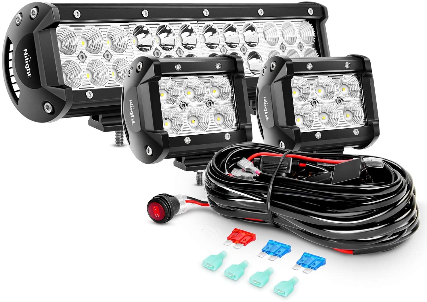 Nilight ZH016 12 Inch 72W Spot Combo Bar 2PCS 4 Inch 18W Flood LED Fog Lights with Off Road Wiring Harness- 2 Leads, 2 Years Warranty