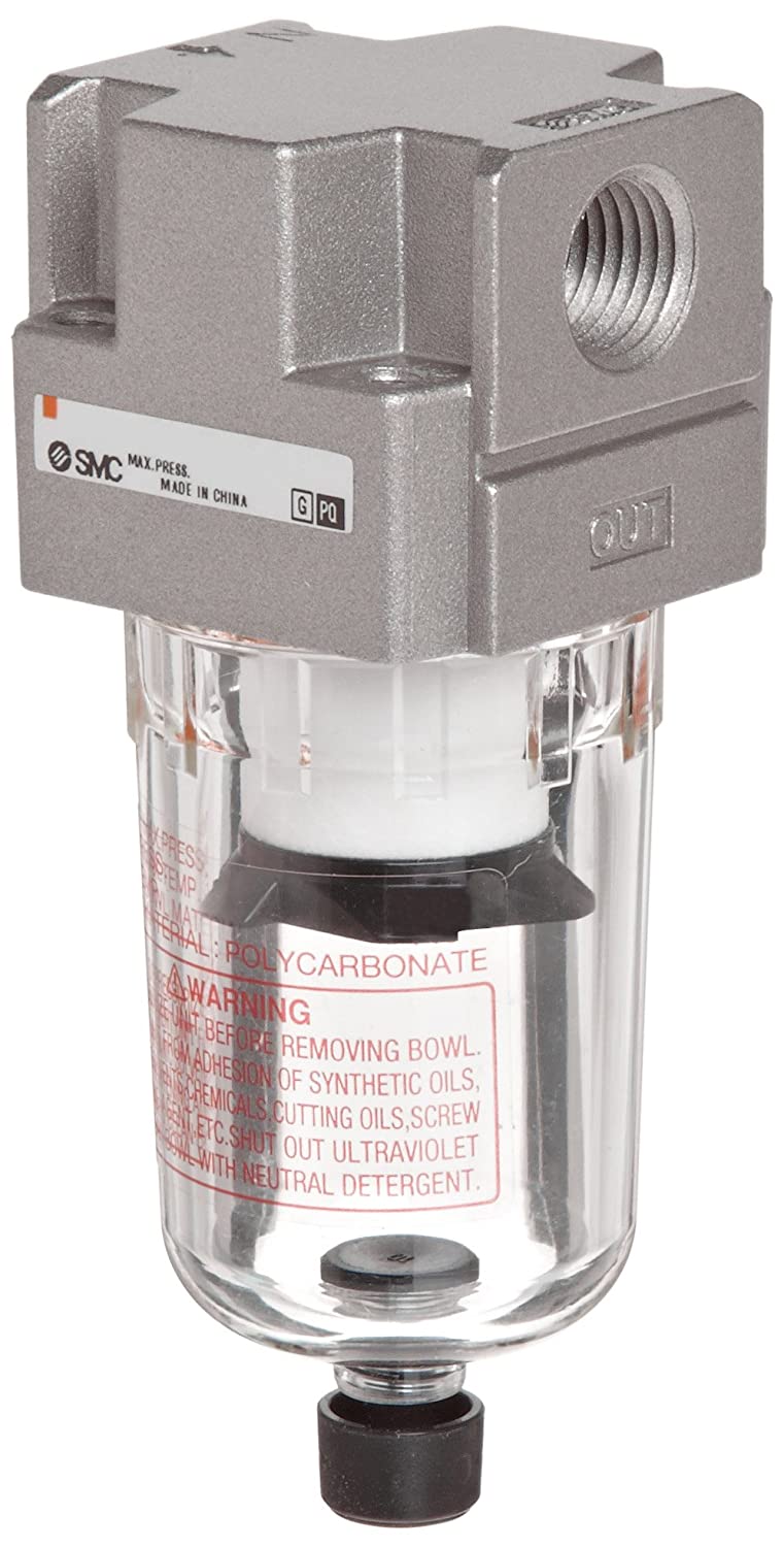 SMC AF20-N02-Z Compressed Air Filter, Removes Particulate, Polycarbonate Bowl, Manual Drain, 5 Micron, 53 scfm, 1/4