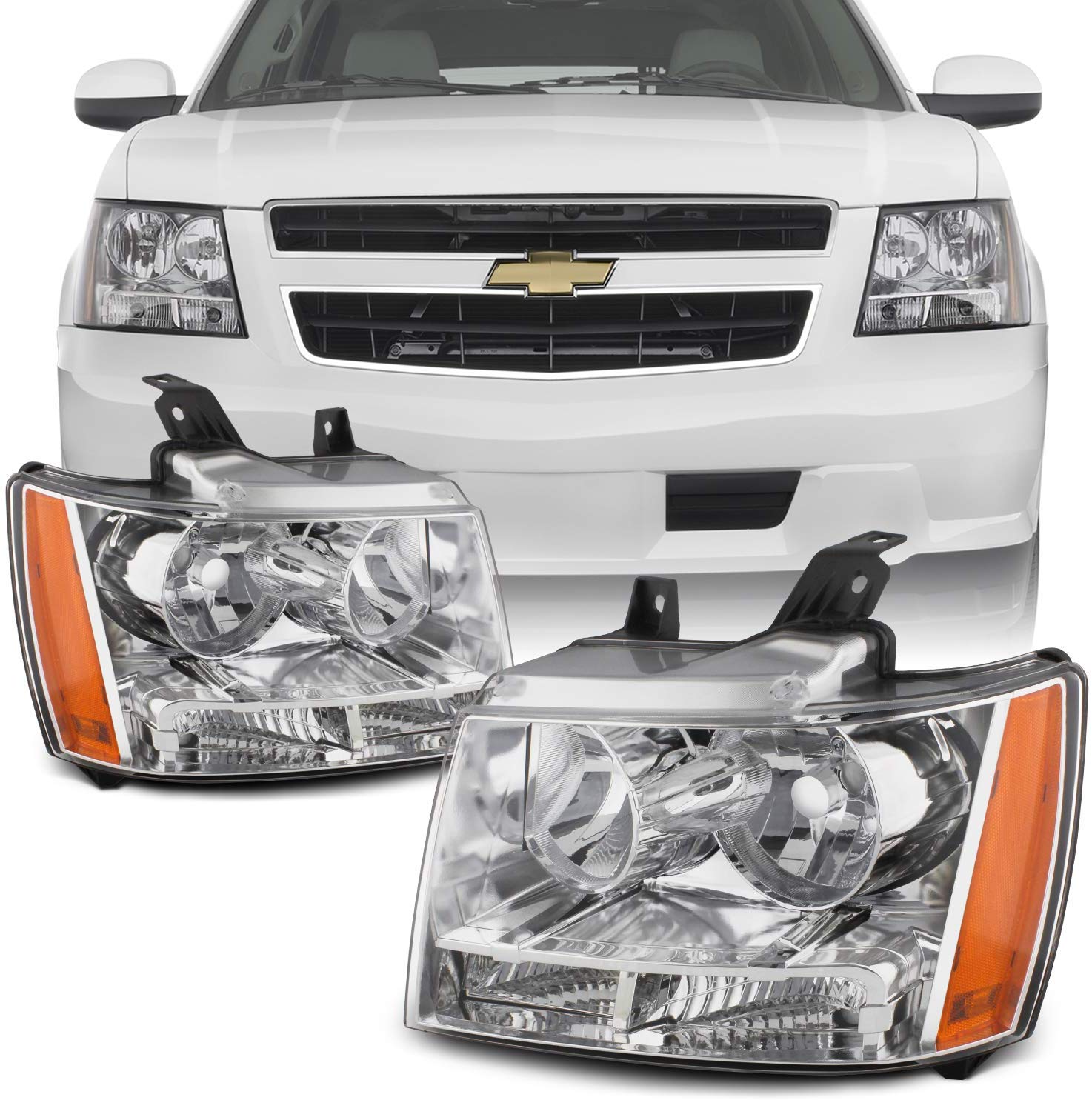 For 07-13 Suburban Tahoe Avalanche Chrome Clear Headlights Front Lamps Direct Replacement Left + Right