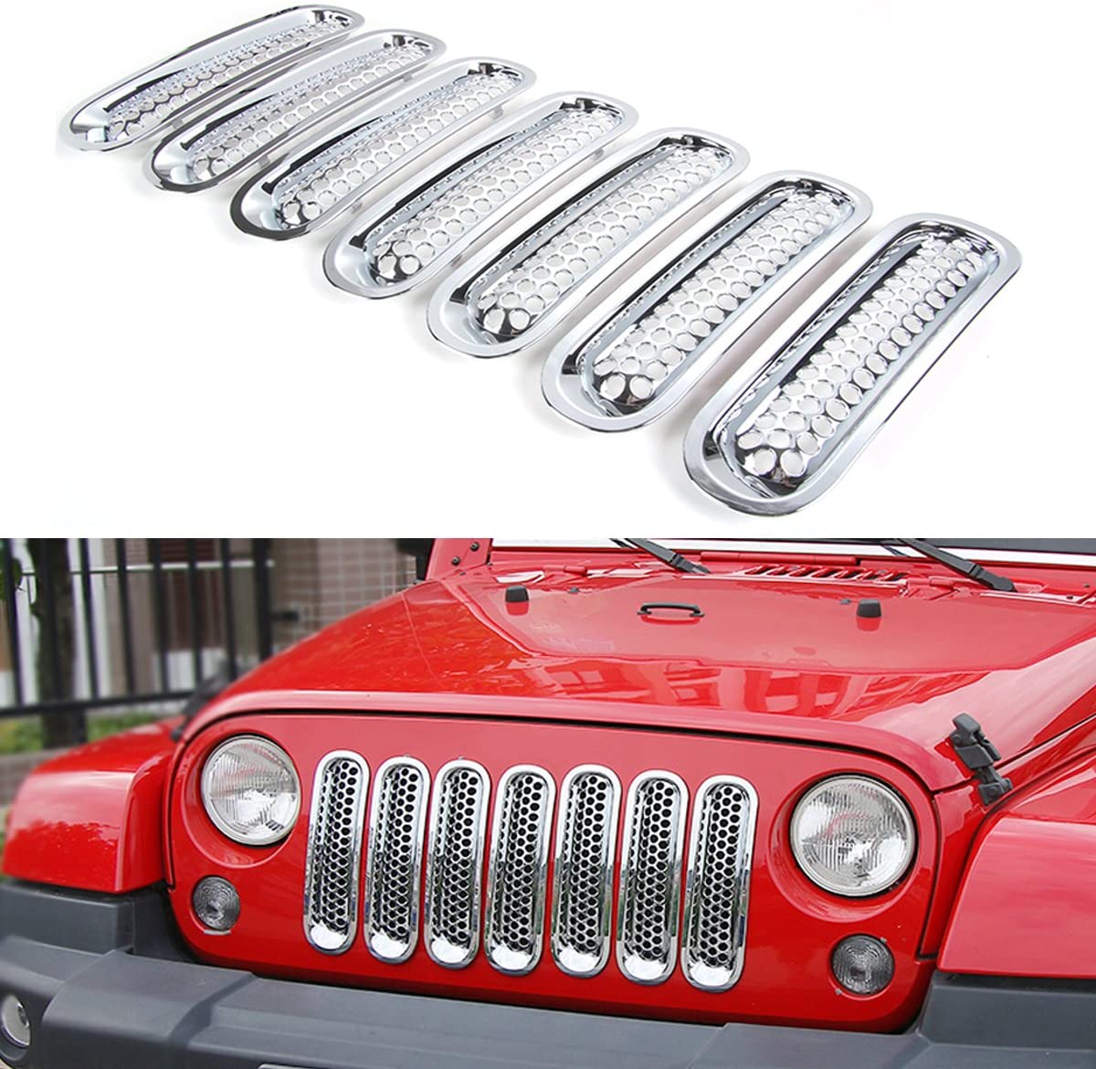 RT-TCZ Upgrade Version Clip-on Grille Front Mesh Grille Inserts for Jeep Wrangler 2007-2015 (Chrome)