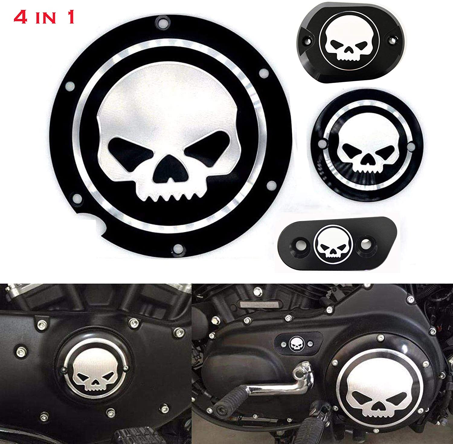 4 in 1 Skull Engine Derby Cover Timer Cover Brake Cylinder Cover Chain Inspection Cover Compatible with/Replacement for Harley Sportster Iron XL883 1200 48 72 Nightster Roadster