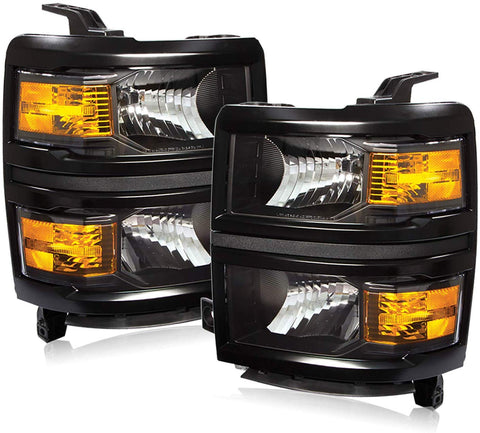 For 14-16 Chevy Silverado 1500 Black Housing Pair Headlights Headlamps Amber Reflector Lamps