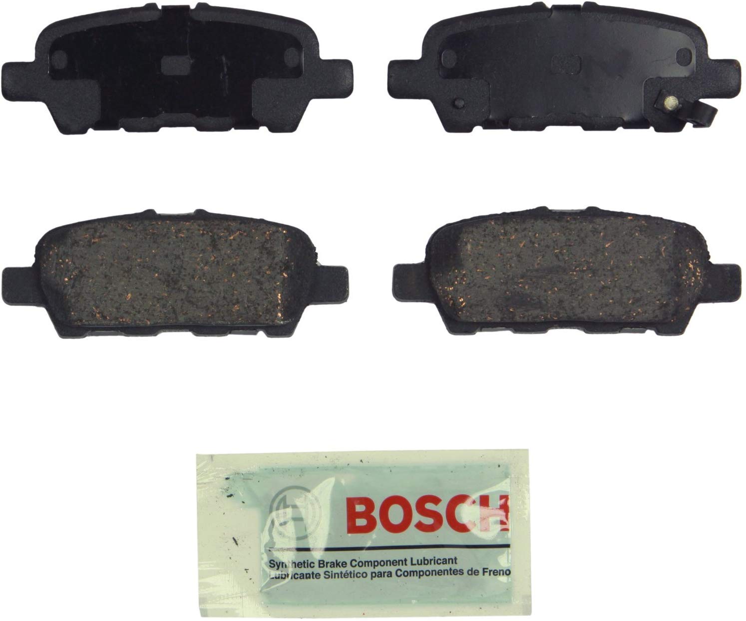 Bosch BE905 Blue Disc Brake Pad Set for Infiniti (EX, FX, G, JX, M, Mh, Q, QX); Nissan: Z, Altima, Juke, Leaf, Maxima, Murano, Pathfinder, Quest, Rogue, Sentra, X-Trail; Renault; Suzuki, Rear