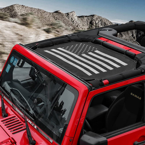 RT-TCZ Sunshade Mesh Shade Top Cover US Flag Polyester Durable Sun Shade for Jeep Wrangler 2007-2017 JK JKU 2 Door Black US Flag