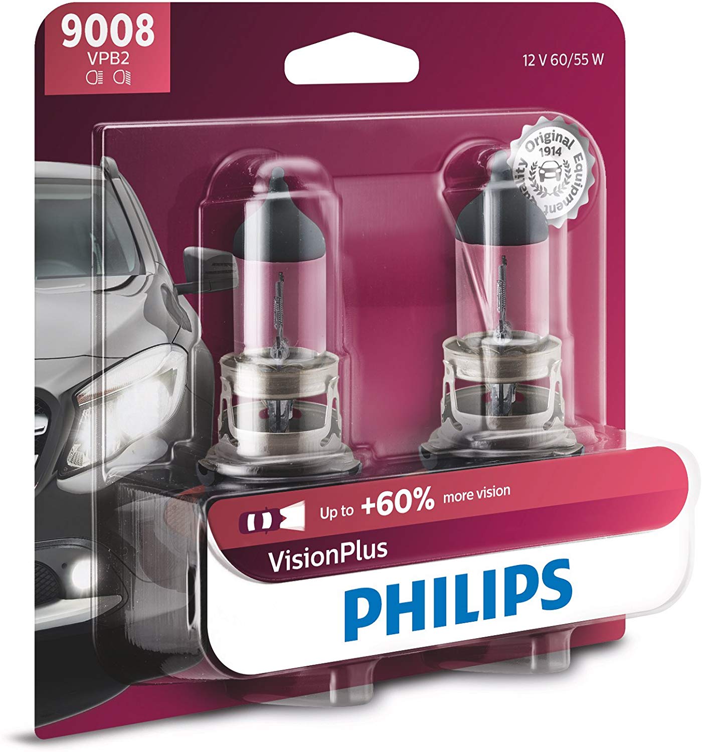 Philips 9008 VisionPlus Upgrade Headlight Bulb with up to 60% More Vision, 2 Pack