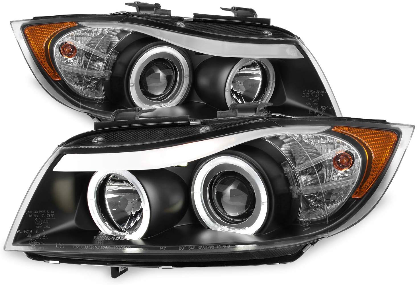For 06-08 BMW E90 3-Series 4 Doors Sedan Black Bezel Halogen Type [LED Halo] Ring Eye Lid Projector Headlights