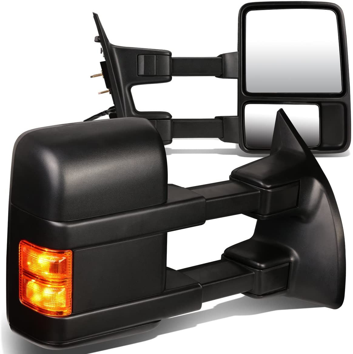 Pair Black Manual Telescoping Extendable Amber LED Turn Signal Side Towing Mirrors Replacement for Ford Super Duty 08-16 (Black / Amber)