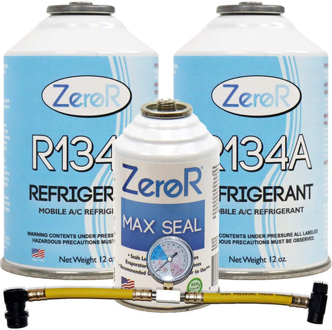 ZeroR Genuine R134a_ Refrigerant_ Quick Seal and AC Recharge Kit, Made in USA - (4 Items)