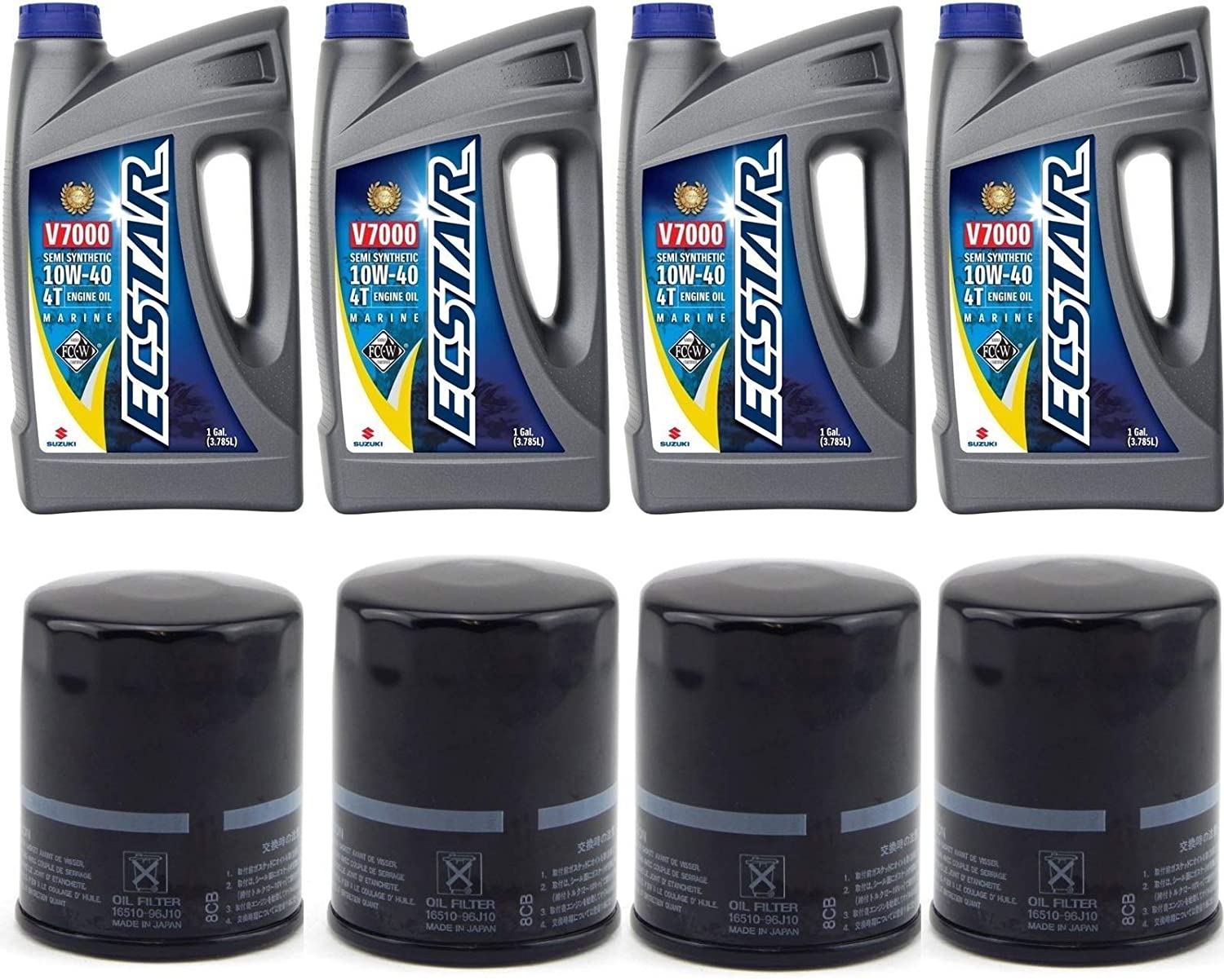 Suzuki ECSTAR V7000 10W-40 Marine 4-Stroke Engine Oil, 4 Gal with 4X 16510-61A31 Oil Filter
