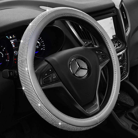 KAFEEK Diamond Leather Steering Wheel Cover with Bling Bling Crystal Rhinestones, Universal 15 inch Anti-Slip, Silver Microfiber Leather White Diamond