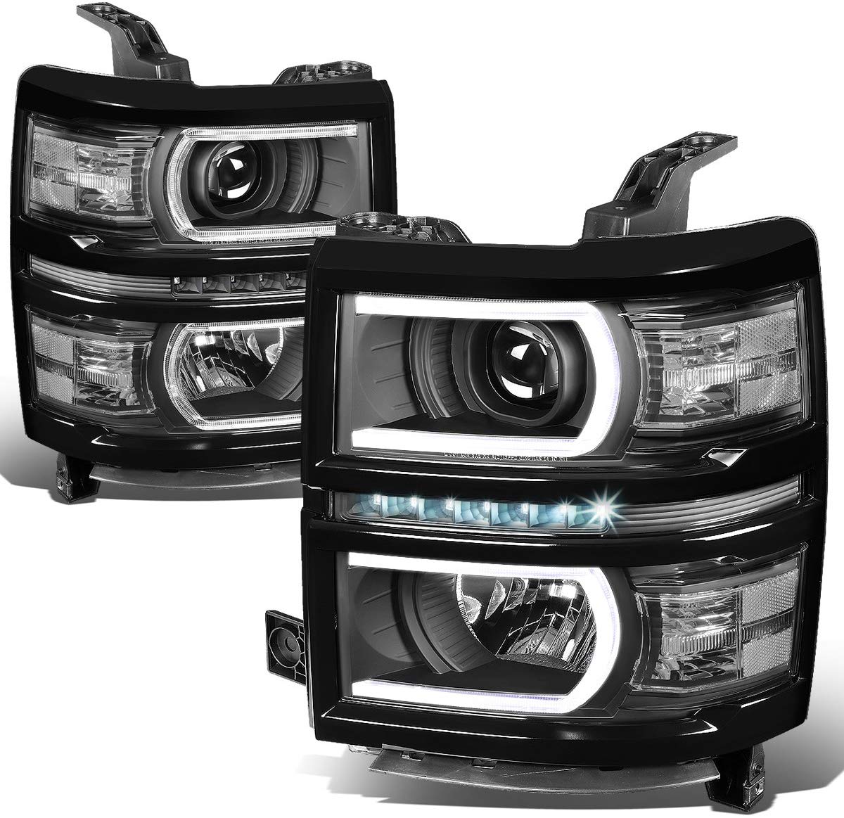 For 14-15 Chevy Silverado 1500 Pair LED DRL+U Tube Bar Projector Headlight/Lamp (Black Housing/Clear Corner)