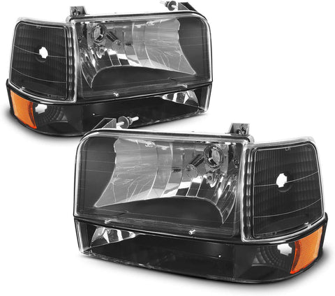 For 92-96 Ford Bronco F150 F250 F350 OE Replacement Black Headlights Corner Signal Left/Right Lamps Set