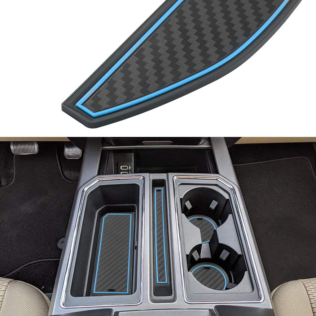 JIECHEN Custom Fit Cup Holder, Door, and Center Console Liner Accessories for Ford F-150 2017 2018 2019 2020 28-pc Set (Carbon Fiber Pattern - Blue)