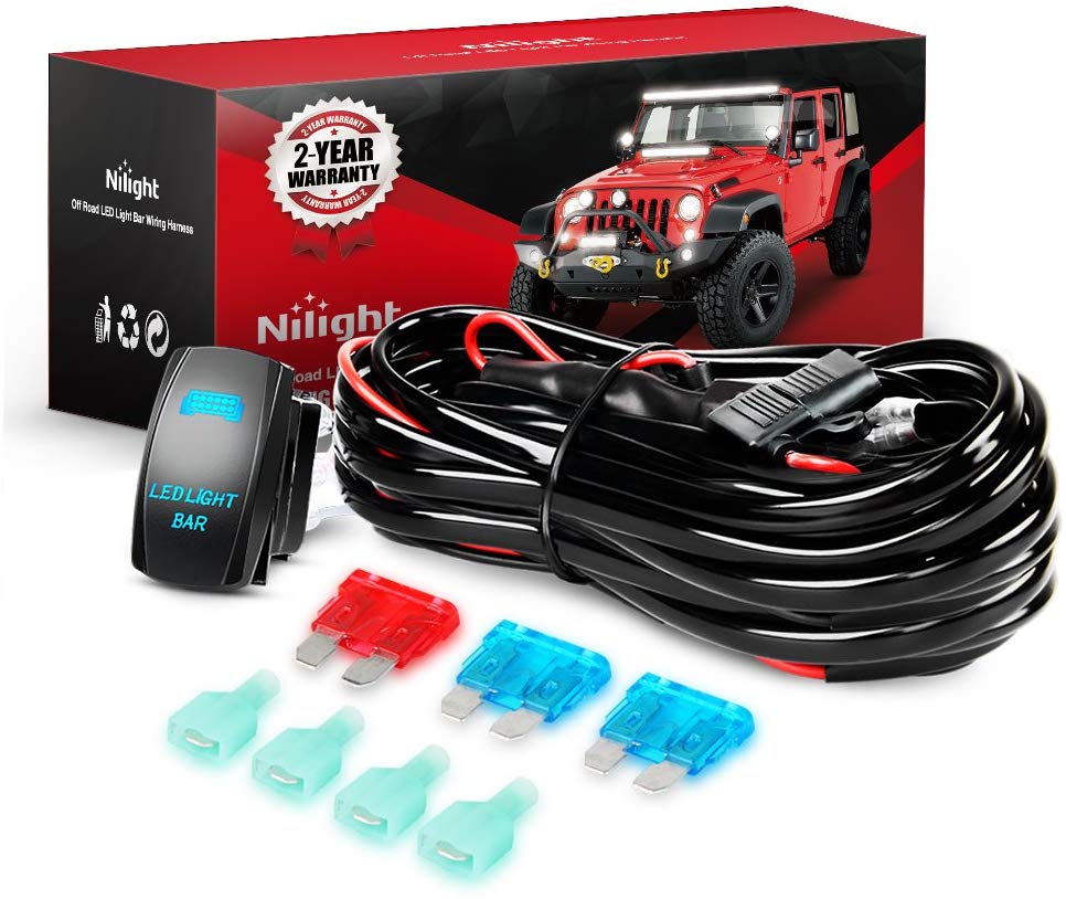 Nilight NI -WA 07 16AWG Wiring Harness Kit - 2 Leads LED Light Bar 12V On/Off 5 Pin Rocker Switch Power Relay Blade Fuse for Jeep Boat Trucks, 2 Years Warranty