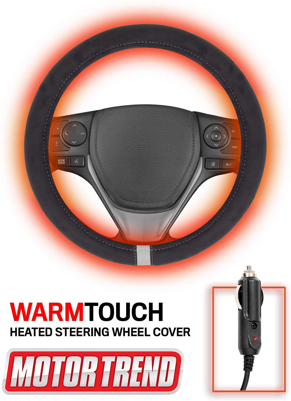 Motor Trend SW2311 Gray WarmTouch 12v Heated Steering Wheel Cover – DC Powered Hand Warmer with Automated Thermostat, Universal Fit for Car Truck Van and SUV