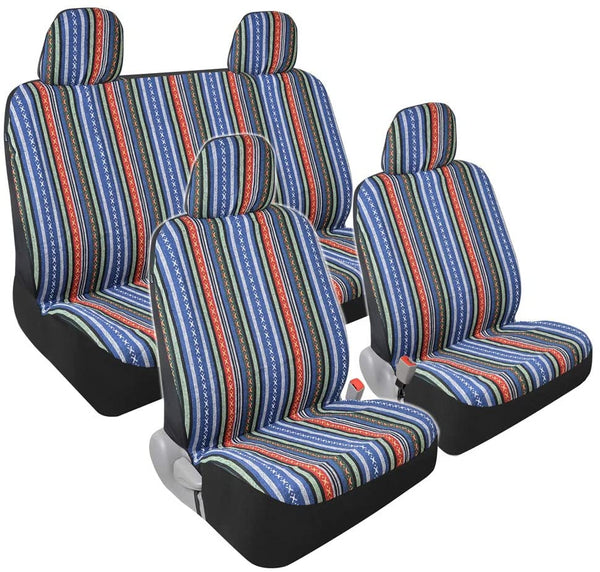 Saddle Blanket Car Seat Covers - Full Set 9pc Front & Rear Protection for Vehicle Van SUV Car - Auto Striped Heavy Duty Woven Material (Tribal Woven Blue)