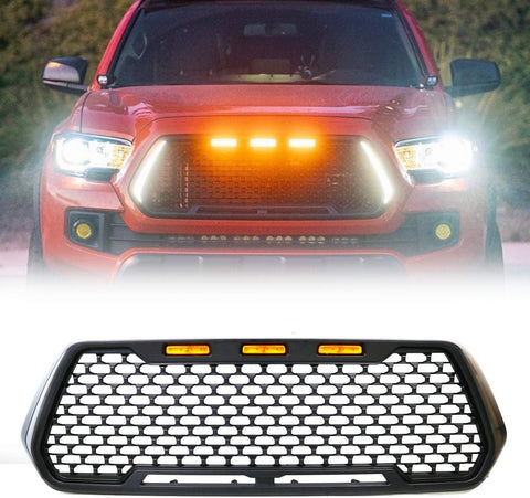ToxicStorm Mesh Grille Front Grill Matte Black Compatible for Toyota Tacoma 2016-2019 with DRL & Turn Signal Lights and 3 Amber LED Lights