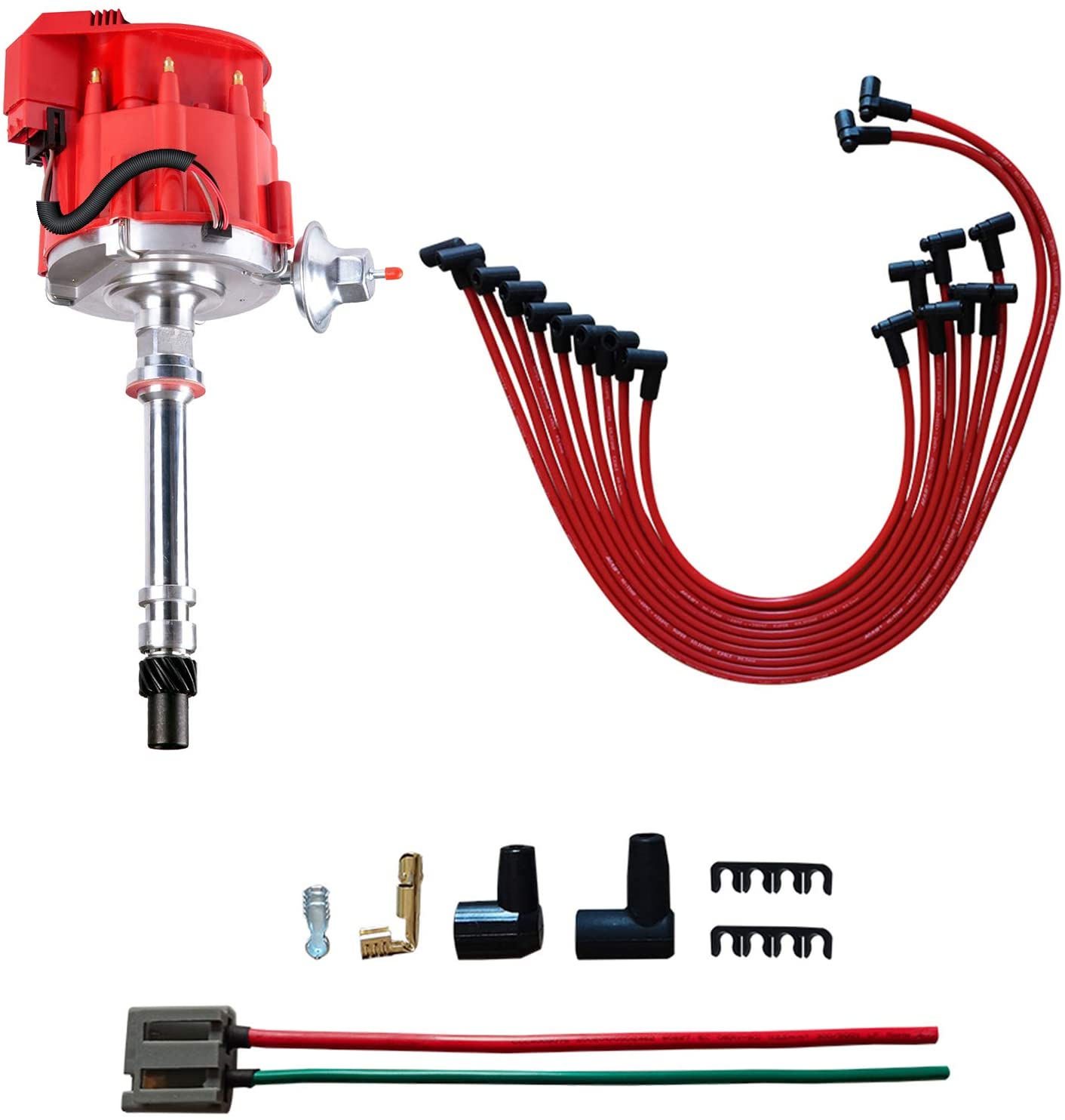 MAS Performance Hei Distributor & Spark Plug Wires & FREE Pigtail Wire Harness Combo Kit Compatible with Chevy/gm SBC BBC Small Block/big Block 65k coil 7500RPM 350 454 302 V8 PC6001A JM6500R PE350R