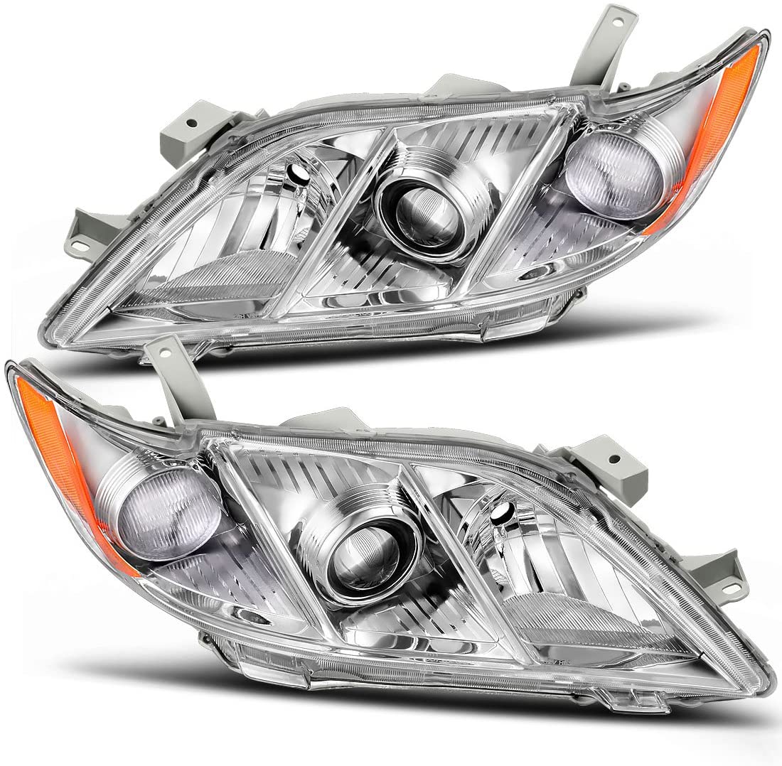 AUTOSAVER88 Headlight Assembly Compatible with 2007-2009 Toyota Camry Exclude Hybird Chrome Housing Amber Reflector Clear Lens Headlamps Replacement (Driver and Passenger Side)