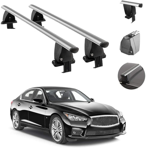 Roof Rack Cross Bars Lockable Luggage Carrier Smooth Roof Cars | Silver Aluminum Cargo Carrier Top Bars | Automotive Exterior Accessories Fits Infiniti Q50 2014-2021