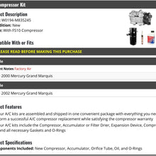 A/C Compressor Kit with Accumulator, Expansion Device, Compressor Oil, Gaskets and O-Rings - Compatible with 1998-2002 Mercury Grand Marquis