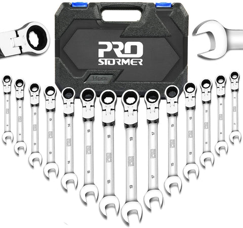 PROSTORMER 14-Piece Flex-Head Ratcheting Wrench Set, 6-19mm Chrome Vanadium Steel Ratchet Wrenches, Metric Combination Ended Spanner Kit with Storage Case