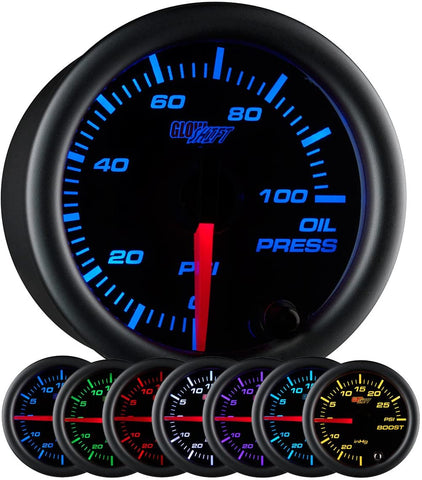 GlowShift Kit de manómetro de presión de aceite de 7 colores, 100 PSI, incluye sensor electrónico, esfera negra, lente transparente, para coche y camión, 2.047 in