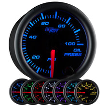 GlowShift Black 7 Color 100 PSI Oil Pressure Gauge Kit - Includes Electronic Sensor - Black Dial - Clear Lens - for Car & Truck - 2-1/16" 52mm