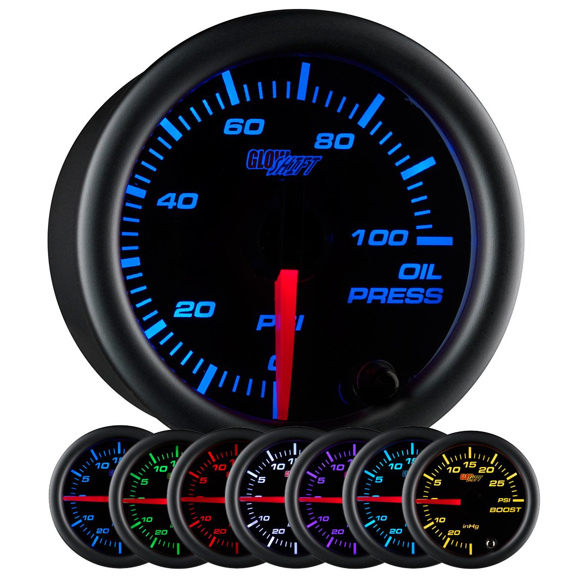 GlowShift Black 7 Color 100 PSI Oil Pressure Gauge Kit - Includes Electronic Sensor - Black Dial - Clear Lens - for Car & Truck - 2-1/16